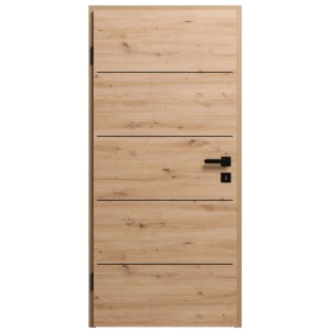 Porta interna GetaDoor ModernLine 3705 in rovere Artis con inserti e maniglia neri.