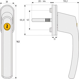 Poignée de fenêtre Abus FG210 S (lot de 3) avec dimensions, verrouillable pour plus de sécurité.