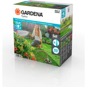 Emballage du kit de démarrage Gardena Pipeline pour systèmes d'arrosage avec boîte de raccordement et prises d'eau.