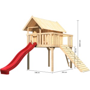 Karibu Maison sur pilotis Fidel set avec toboggan rouge et rampe en bois en bois naturel.