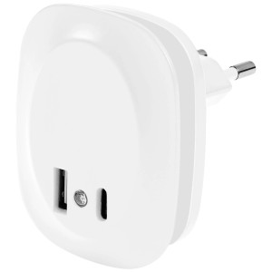 Luce notturna LEDVANCE con sensore di luce, porta USB-A e USB-C, corpo bianco.