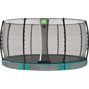 Trampolino interrato verde EXIT Allure Classic, Ø 427 cm, con rete di sicurezza per salti sicuri.