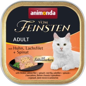 Vom Feinsten Aliment pour chat adulte au poulet, filet de saumon et épinards en barquette de 100g.