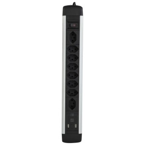 Multiprise Schönenberger avec 8 prises T13, USB-A et USB-C, aluminium argent/noir, câble 2m.