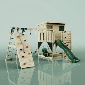 PolarPlay Tour de jeu Aksel Vert foncé avec toboggan, balançoire et mur d'escalade.