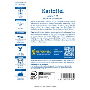 Semences de pommes de terre Kiepenkerl Jubila, emballage avec des informations sur le semis, la récolte et les propriétés.