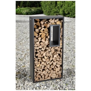 Range-bûches Nouvel en métal anthracite rempli de bois de chauffage.