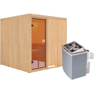 Sauna in legno massello Karibu Oulu con porta in vetro bronzato e stufa da 9 kW con pietre.