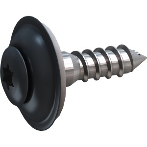 Gros plan d'une vis Spengler SDF anthracite (4,5x20 mm) avec rondelle d'étanchéité.