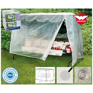 Copertura protettiva trasparente Wehncke Classic su un dondolo da giardino. Tessuto PE con protezione UV, occhielli metallici.