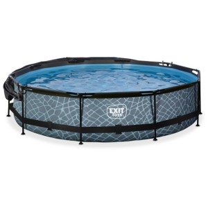Piscina Exit Stone Grey, Ø 360 cm, con pompa e parasole per divertimento in famiglia in giardino.