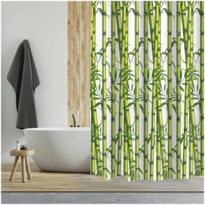 Tenda doccia MSV con motivo bambù in verde/bianco, 180x200 cm.