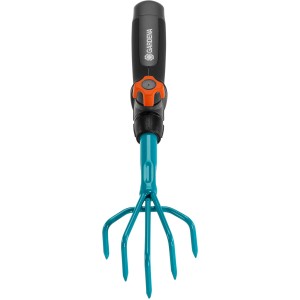 Zappa per fiori Gardena combisystem per allentare il terreno con manico in metallo blu e impugnatura nera.