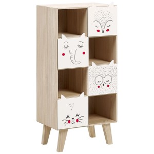 Étagère pour enfants Rupert, marron clair/blanc, avec 4 étagères ouvertes et 4 tiroirs à motifs animaux.