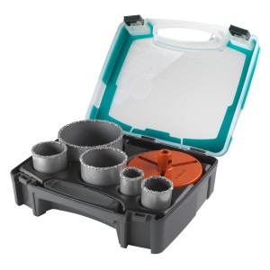 Set Wolfcraft di seghe a tazza, 7 pezzi, in valigetta: seghe a tazza, punta di centraggio e piastra adattatore.