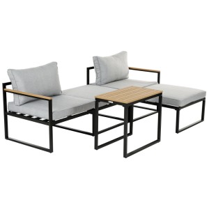 Greemotion Lounge-Set Retiro, 5-teilig, Aluminium schwarz/hellgrau, mit Sesseln, Hockern und Tisch.