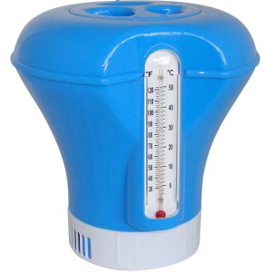 Doseur flottant bleu Summer Fun avec thermomètre pour l'entretien de la piscine.