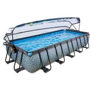 Piscine rectangulaire Exit Stone Grey avec cadre en acier, pompe et couverture. Idéale pour le jardin.