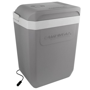 Graue Thermoelektrische Kühlbox Powerbox Plus 28 l von Campingaz mit weißem Akzent und Stromkabel.