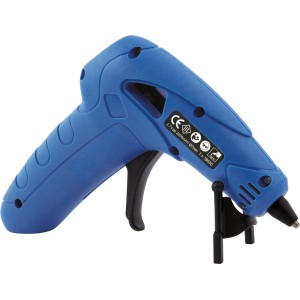 Pistola per colla a caldo a batteria LUX blu con grilletto e supporto neri. Pistola termica compatta.