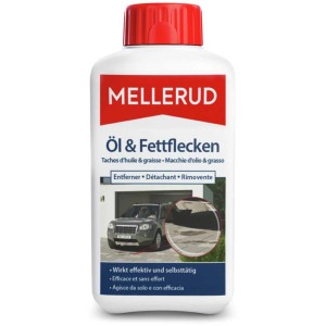 Flacone di smacchiatore per olio e grasso Mellerud, 500ml per pavimentazione, cemento, ceramica, massetto e pietra naturale.