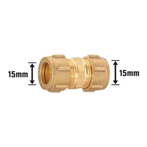 Raccordo a compressione in ottone, Ø 15 mm, per impianti idraulici e di riscaldamento.