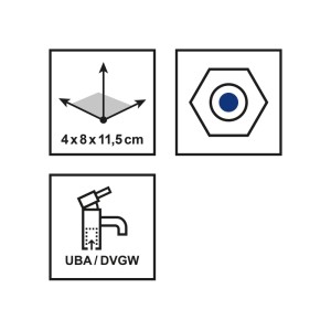 Pittogrammi per rubinetto acqua fredda Ledro: dimensioni, connessione e certificazione.