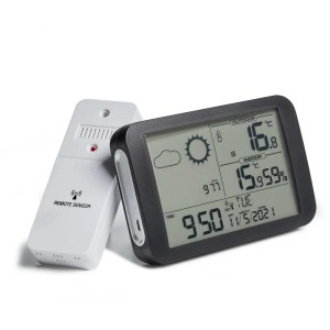 Station météo sans fil Möller Therm avec capteur extérieur affichant la température, l'humidité et les prévisions météo.