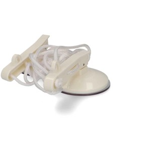 Stendibiancheria da campeggio beige con ventosa, ganci e filo estensibile fino a 90 cm.
