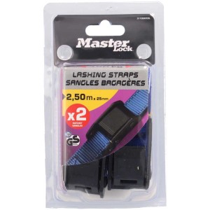 Sangles d'arrimage Master Lock, lot de 2, 250x2,5 cm, idéales pour sécuriser le chargement. Sangles d'arrimage de couleur aléatoire.