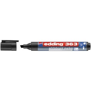Marqueur pour tableau blanc Edding 363 noir avec pointe biseautée et capuchon retiré.