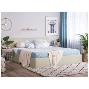 Beiges Stoffbett 180x200 cm Orbey mit Stauraum im Schlafzimmer.