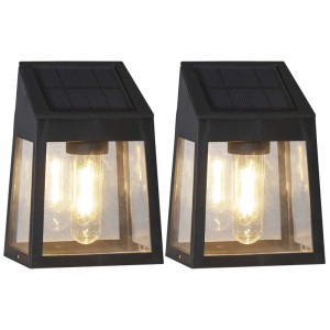 Lot de 2 appliques murales solaires noires Star Trading avec LED à filament et détecteur crépusculaire pour l'extérieur.