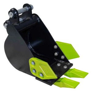 Robusta benna escavatore Zipper 200 mm nera con denti verdi per scavi precisi con miniescavatore.