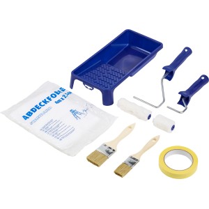 Kit de peinture LUX 9 pièces : bâche de protection, bac à peinture, pinceaux, rouleaux et ruban de masquage.
