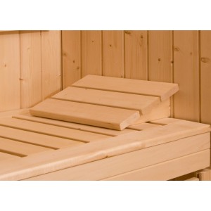 Appuie-tête Weka (24 cm) en bois clair monté sur un banc de sauna.