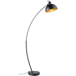 Lampadaire arc noir mat Recife avec intérieur d'abat-jour doré.