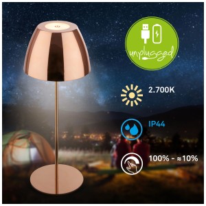 Lampada da tavolo a LED a batteria Briloner dimmerabile in rame, IP44, 5W. Ideale per interni ed esterni.