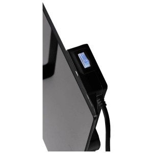 Gros plan : Radiateur de salle de bain noir Eurom Sani 400W avec interrupteur.