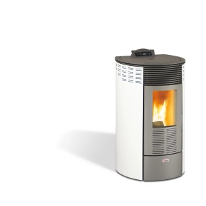 Poêle à pellets Ecofox Rund 8 blanc en acier avec fenêtre et flammes.