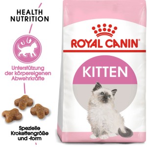 Royal Canin Kitten cibo secco confezione da 4kg con gattino e crocchette.