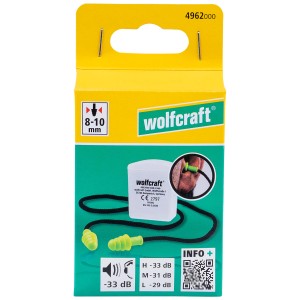 Wolfcraft Bouchons d'oreille réutilisables avec cordon, Ø 8-10 mm, en emballage jaune.