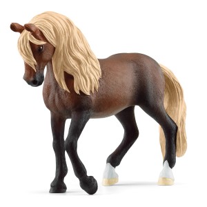Figurine étalon Schleich Paso Péruvien, cheval brun à crinière blonde, détaillé.