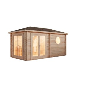 Sauna de jardin Finntherm Pori-70 en épicéa naturel avec toit en croupe et fenêtre ronde.