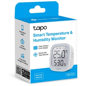 Thermo-hygromètre Tapo T315 en blanc, avec écran E-Ink et emballage.