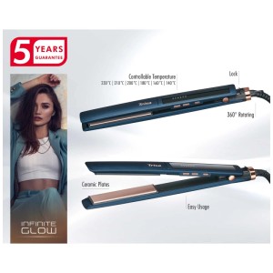 Lisseur Trisa Infinite Glow couleur pétrole avec accents or rose, écran LED et câble rotatif.