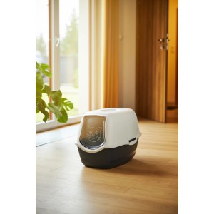 Maison de toilette pour chat Rotho Eco Bailey noir/sable avec couvercle et porte.