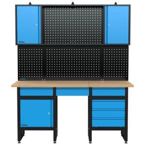 Établi bleu avec plateau en hévéa, panneau perforé et armoires. Idéal pour atelier et loisirs.
