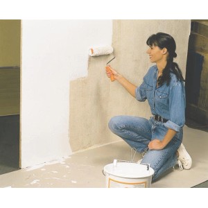 Femme peignant un mur au rouleau, papier de protection LUX au sol.