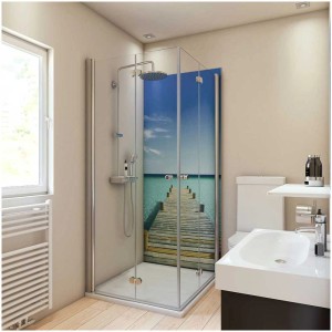 Pannello posteriore doccia Breuer con motivo fotografico pontile, 90x210 cm, come rivestimento murale senza giunture in bagno.